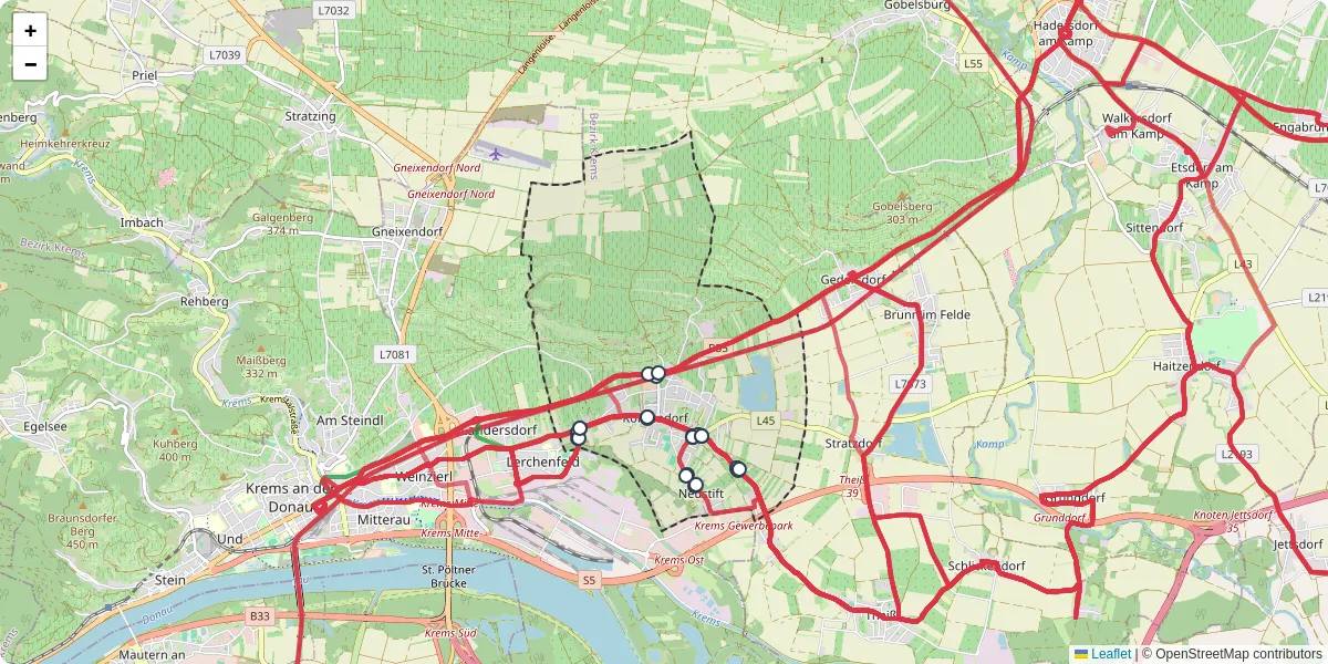 Nahverkehrsnetz in rohrendorf-bei-krems, Österreich - Buslinien, Haltestellen und Verbindungen auf der Karte