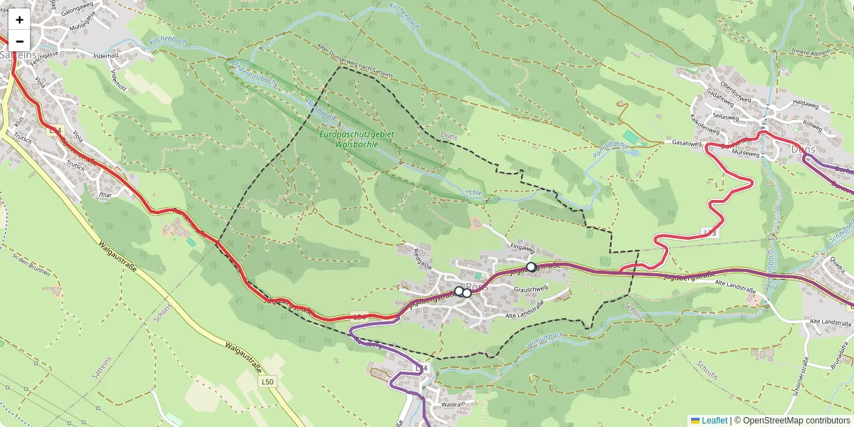 Nahverkehrsnetz in rons, Österreich - Buslinien, Haltestellen und Verbindungen auf der Karte