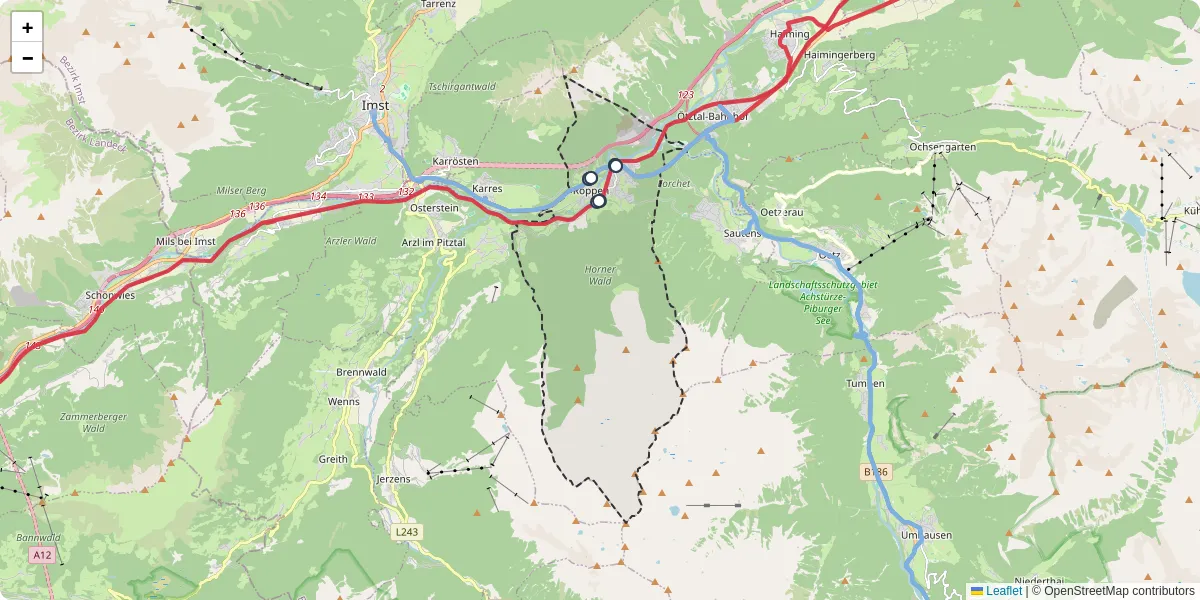 Nahverkehrsnetz in roppen, Österreich - Buslinien, Haltestellen und Verbindungen auf der Karte