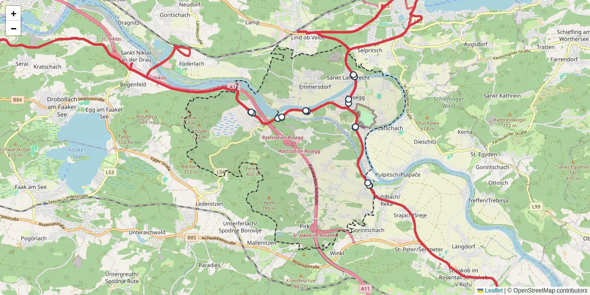 Nahverkehrsnetz in rosegg, Österreich - Buslinien, Haltestellen und Verbindungen auf der Karte