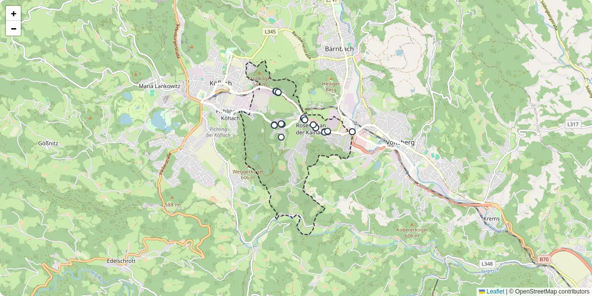 Nahverkehrsnetz in rosental-an-der-kainach, Österreich - Buslinien, Haltestellen und Verbindungen auf der Karte