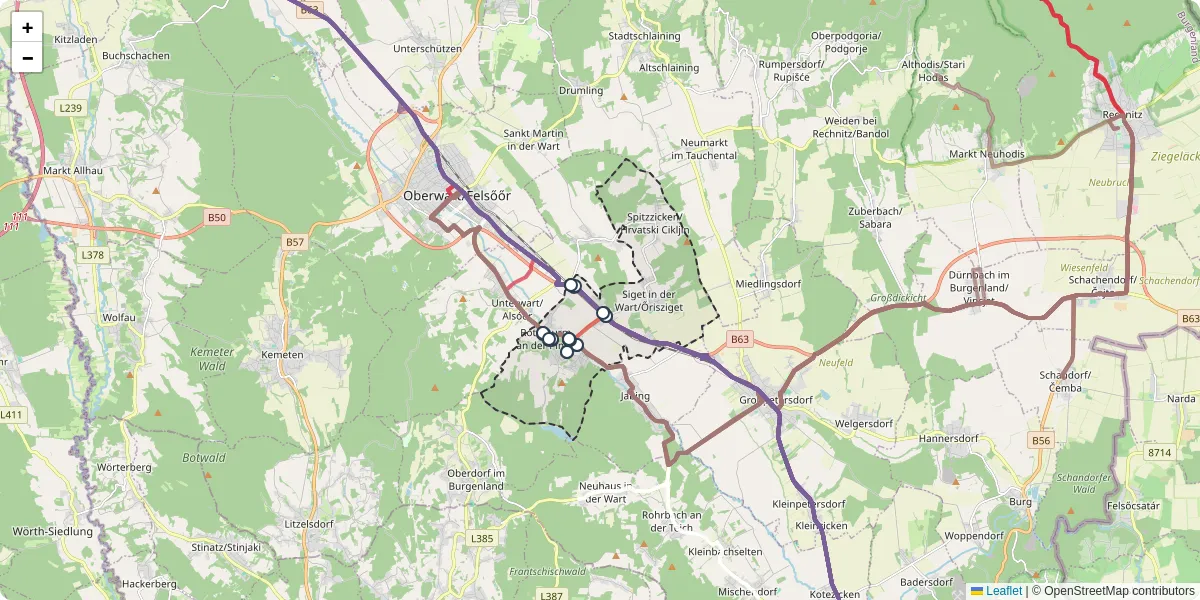 Nahverkehrsnetz in rotenturm-an-der-pinka, Österreich - Buslinien, Haltestellen und Verbindungen auf der Karte