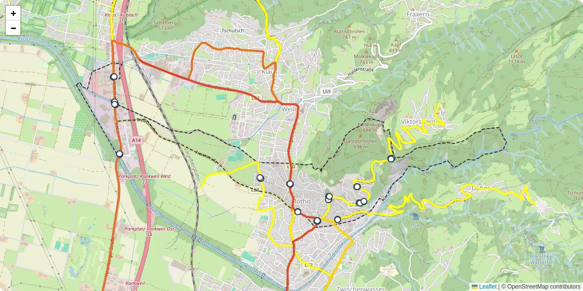 Nahverkehrsnetz in rothis, Österreich - Buslinien, Haltestellen und Verbindungen auf der Karte