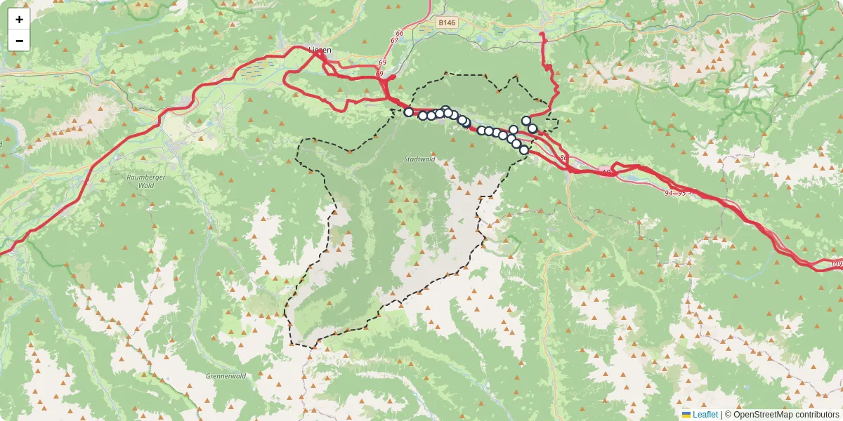 Nahverkehrsnetz in rottenmann, Österreich - Buslinien, Haltestellen und Verbindungen auf der Karte