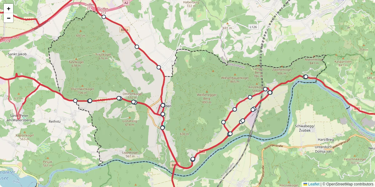 Nahverkehrsnetz in ruden, Österreich - Buslinien, Haltestellen und Verbindungen auf der Karte