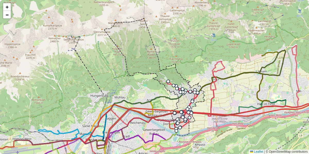 Nahverkehrsnetz in rum, Österreich - Buslinien, Haltestellen und Verbindungen auf der Karte