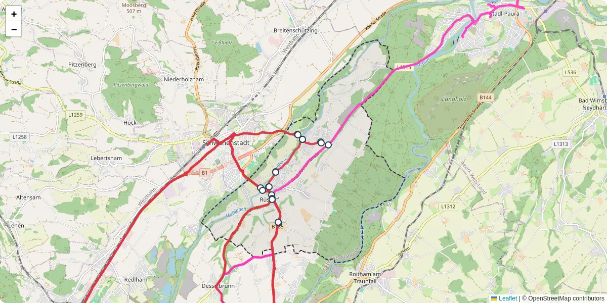 Nahverkehrsnetz in rustorf, Österreich - Buslinien, Haltestellen und Verbindungen auf der Karte