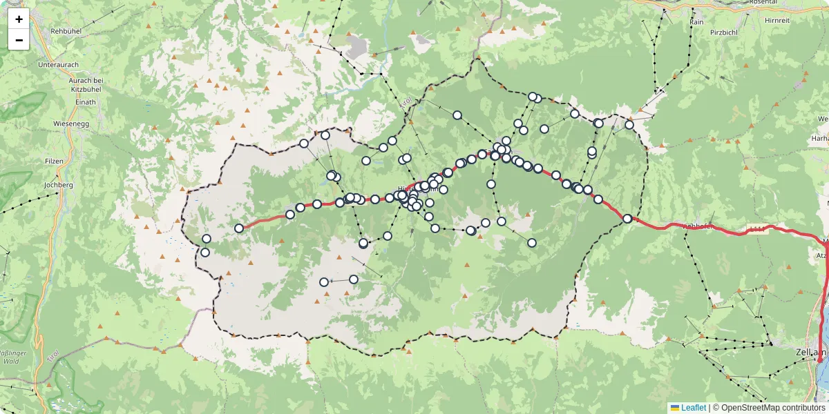 Nahverkehrsnetz in saalbach-hinterglemm, Österreich - Buslinien, Haltestellen und Verbindungen auf der Karte