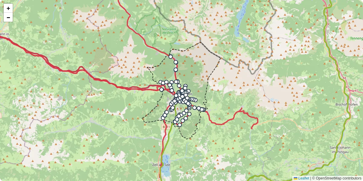 Nahverkehrsnetz in saalfelden-am-steinernen-meer, Österreich - Buslinien, Haltestellen und Verbindungen auf der Karte