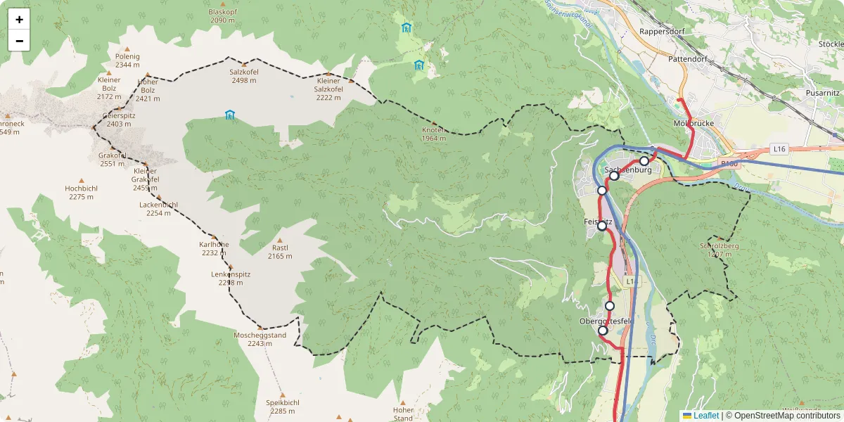 Nahverkehrsnetz in sachsenburg, Österreich - Buslinien, Haltestellen und Verbindungen auf der Karte