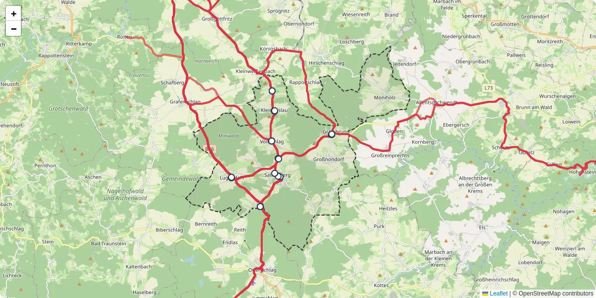 Nahverkehrsnetz in sallingberg, Österreich - Buslinien, Haltestellen und Verbindungen auf der Karte