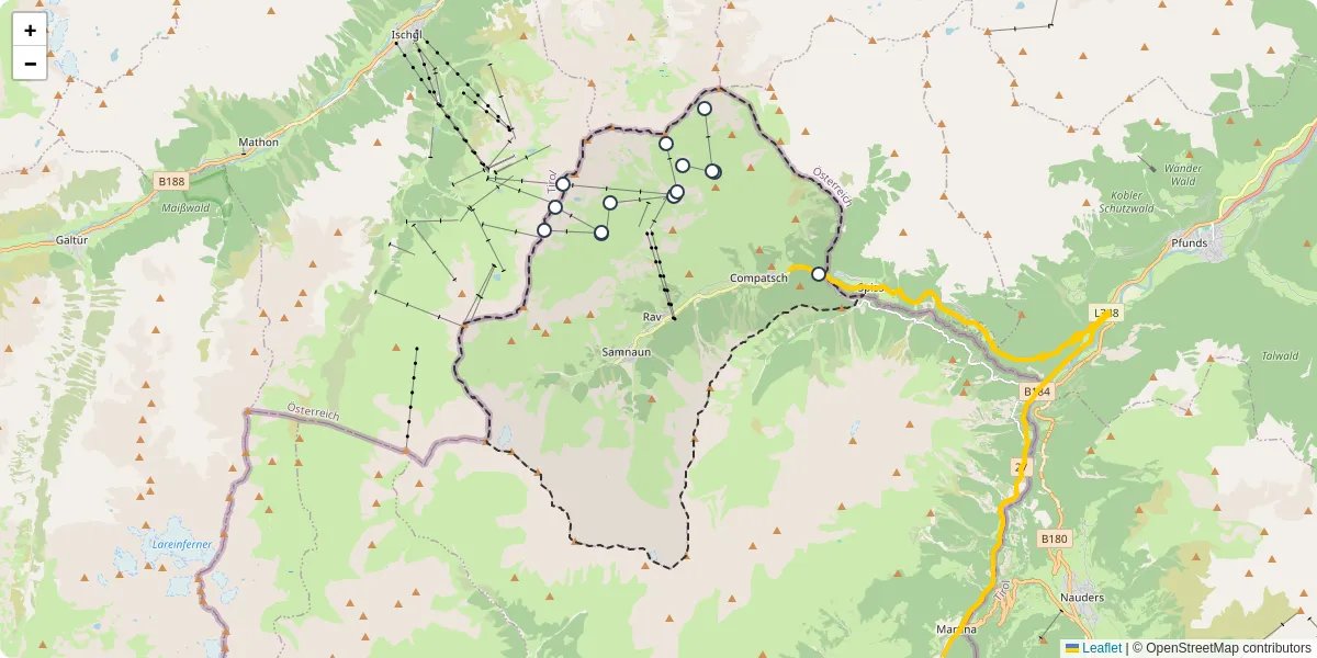 Nahverkehrsnetz in samnaun, Österreich - Buslinien, Haltestellen und Verbindungen auf der Karte