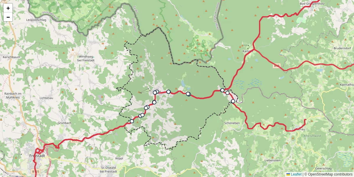 Nahverkehrsnetz in sandl, Österreich - Buslinien, Haltestellen und Verbindungen auf der Karte