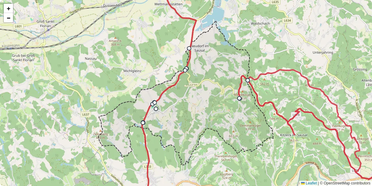 Nahverkehrsnetz in sankt-andra-hoch, Österreich - Buslinien, Haltestellen und Verbindungen auf der Karte