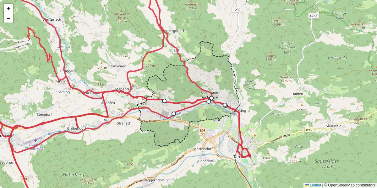 Nahverkehrsnetz in sankt-andra-im-lungau, Österreich - Buslinien, Haltestellen und Verbindungen auf der Karte