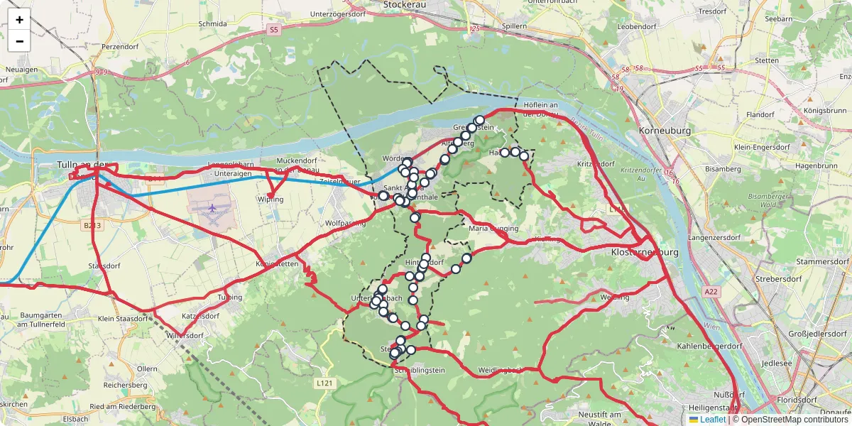 Nahverkehrsnetz in sankt-andra-wordern, Österreich - Buslinien, Haltestellen und Verbindungen auf der Karte