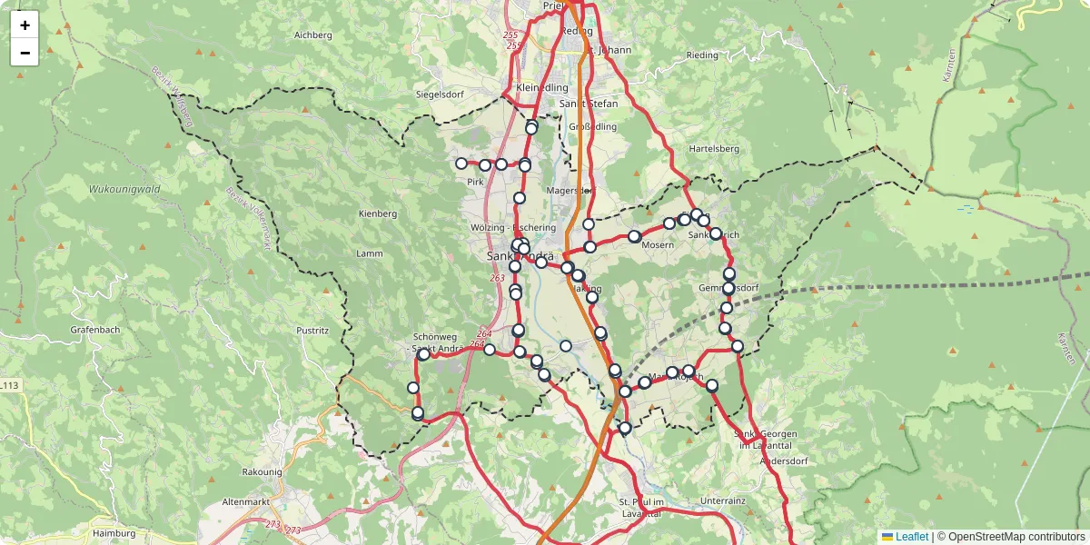 Nahverkehrsnetz in sankt-andra, Österreich - Buslinien, Haltestellen und Verbindungen auf der Karte