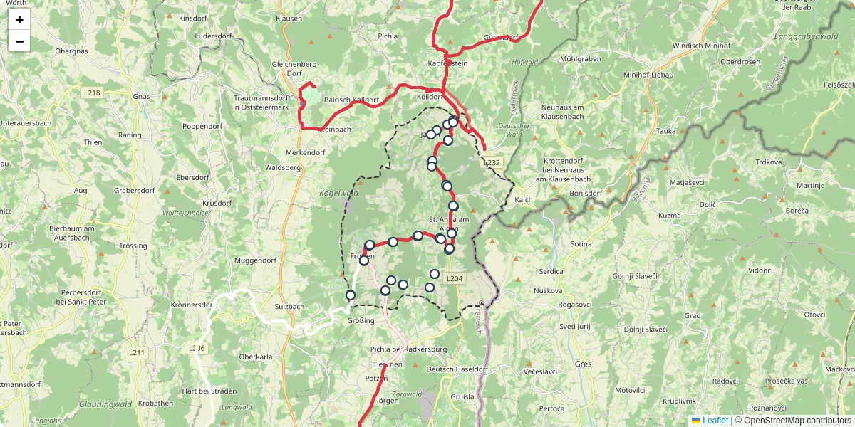 Nahverkehrsnetz in sankt-anna-am-aigen, Österreich - Buslinien, Haltestellen und Verbindungen auf der Karte