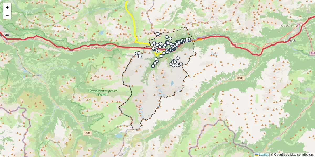 Nahverkehrsnetz in sankt-anton-am-arlberg, Österreich - Buslinien, Haltestellen und Verbindungen auf der Karte
