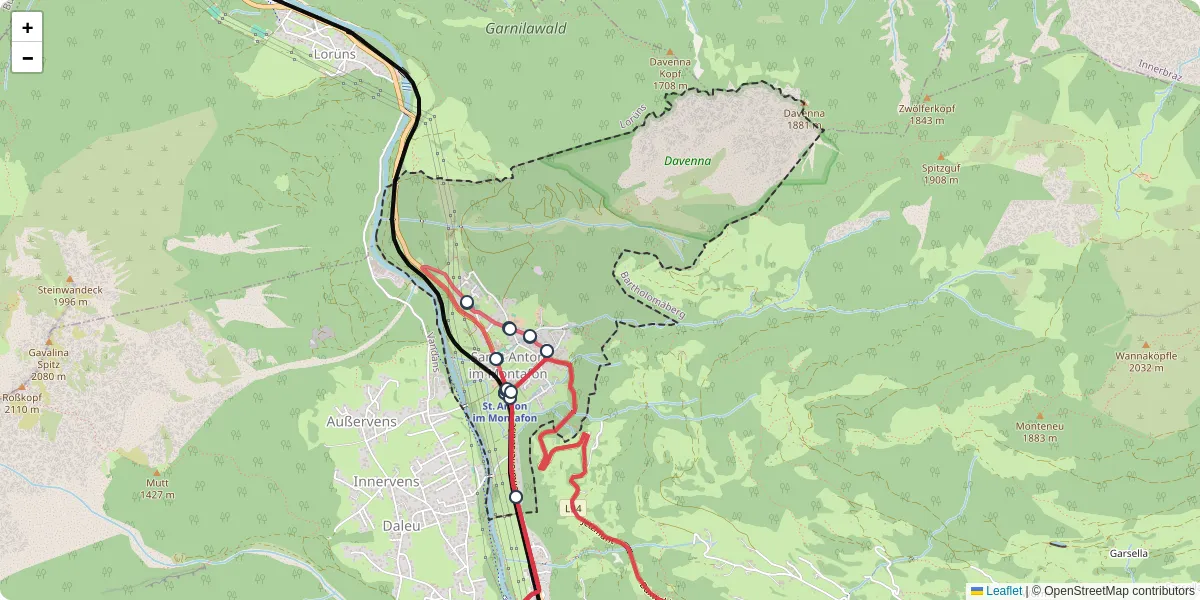 Nahverkehrsnetz in sankt-anton-im-montafon, Österreich - Buslinien, Haltestellen und Verbindungen auf der Karte