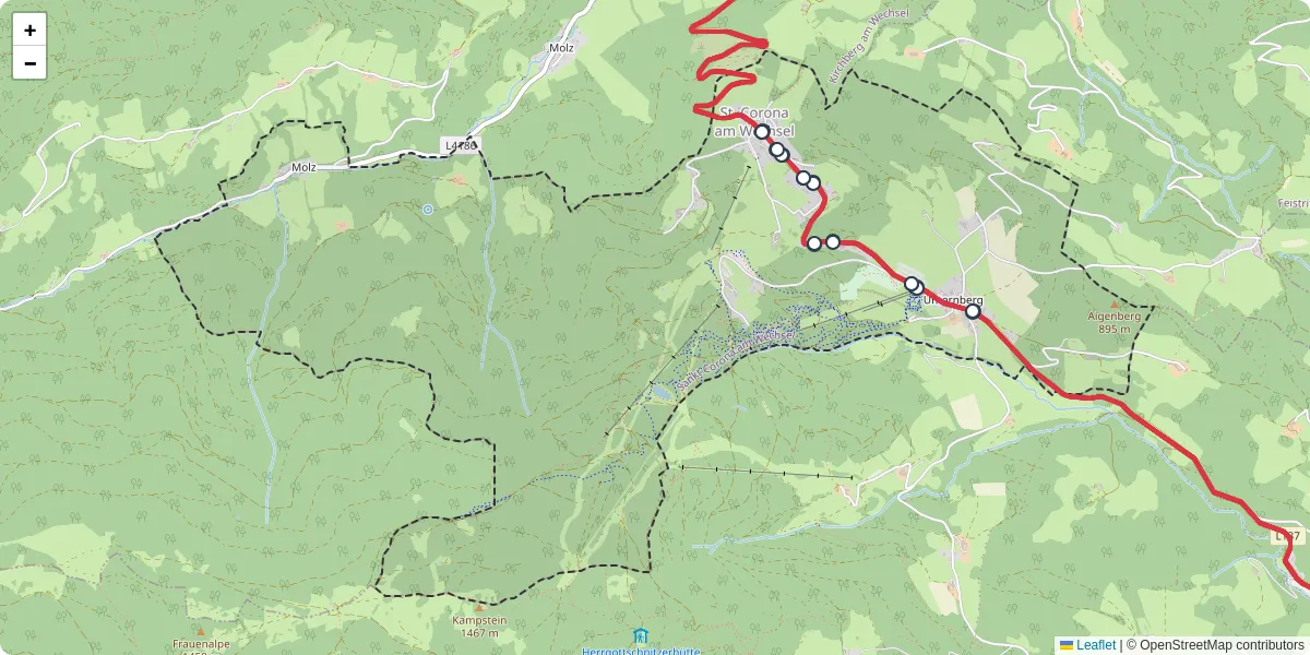 Nahverkehrsnetz in sankt-corona-am-wechsel, Österreich - Buslinien, Haltestellen und Verbindungen auf der Karte