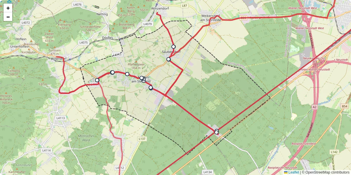 Nahverkehrsnetz in sankt-egyden-am-steinfeld, Österreich - Buslinien, Haltestellen und Verbindungen auf der Karte