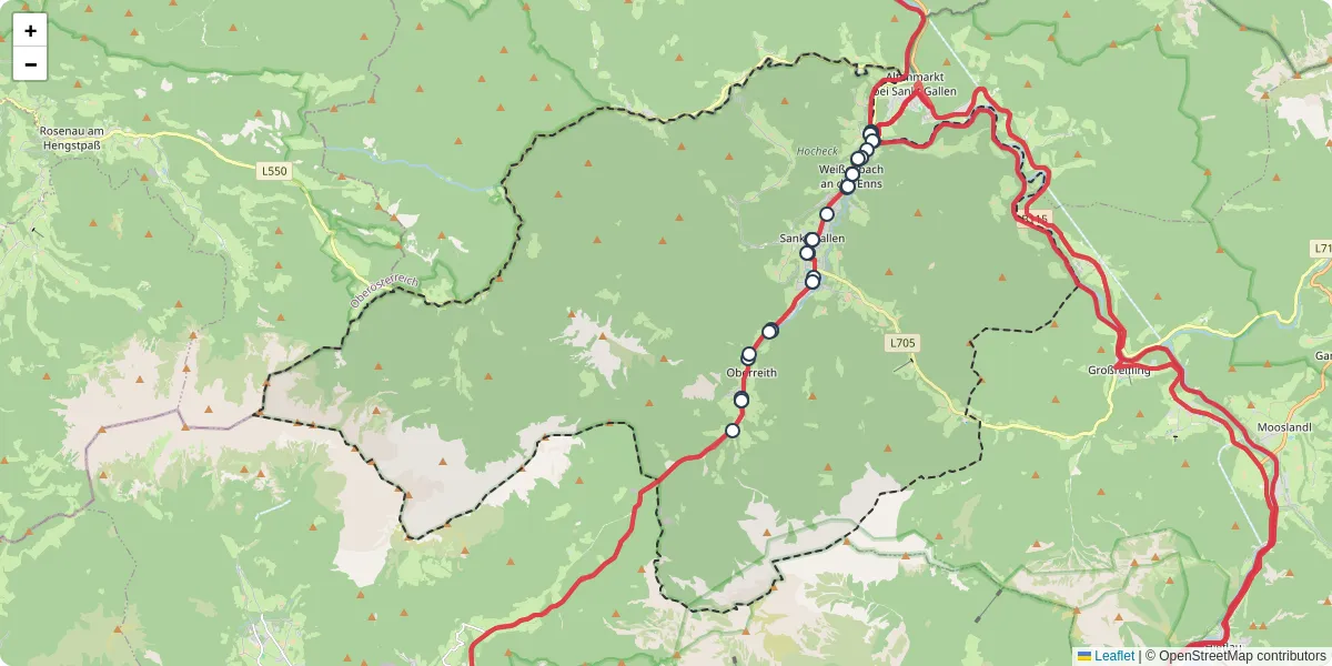 Nahverkehrsnetz in sankt-gallen, Österreich - Buslinien, Haltestellen und Verbindungen auf der Karte