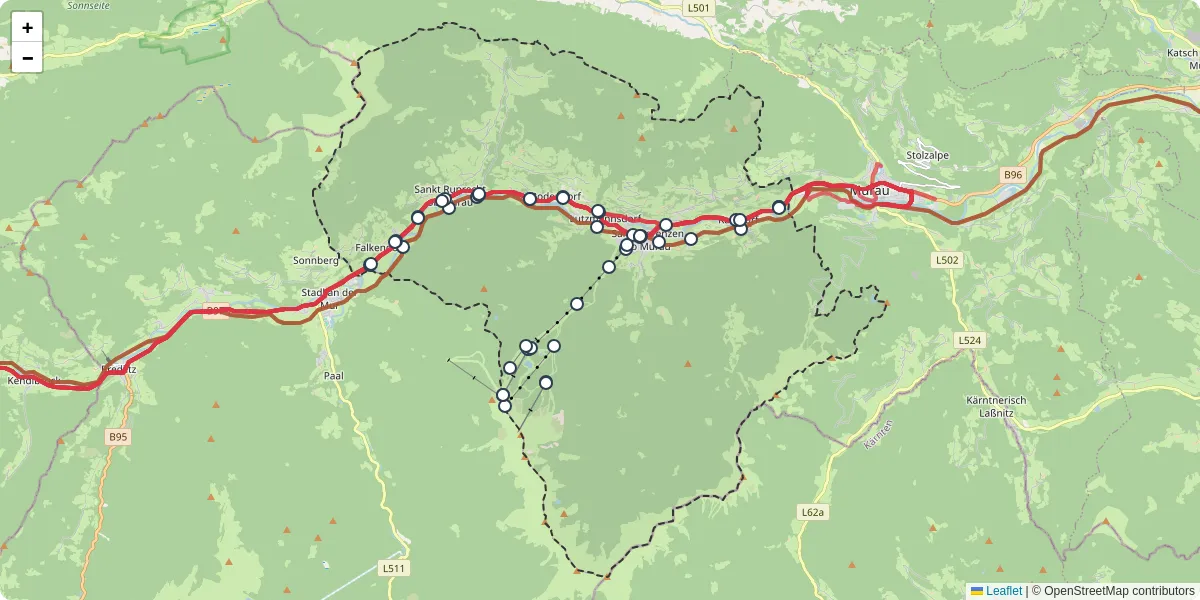Nahverkehrsnetz in sankt-georgen-am-kreischberg, Österreich - Buslinien, Haltestellen und Verbindungen auf der Karte