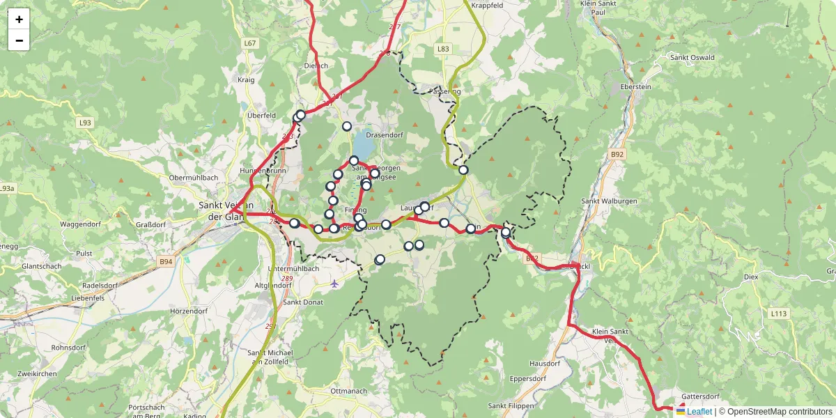 Nahverkehrsnetz in sankt-georgen-am-langsee, Österreich - Buslinien, Haltestellen und Verbindungen auf der Karte