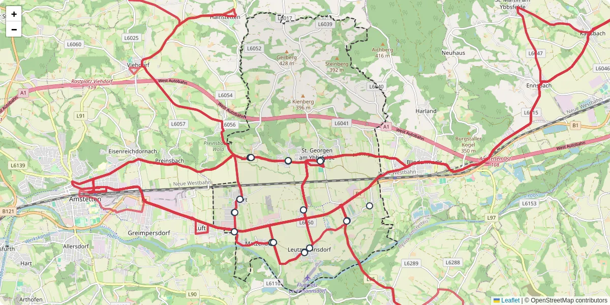 Nahverkehrsnetz in sankt-georgen-am-ybbsfelde, Österreich - Buslinien, Haltestellen und Verbindungen auf der Karte