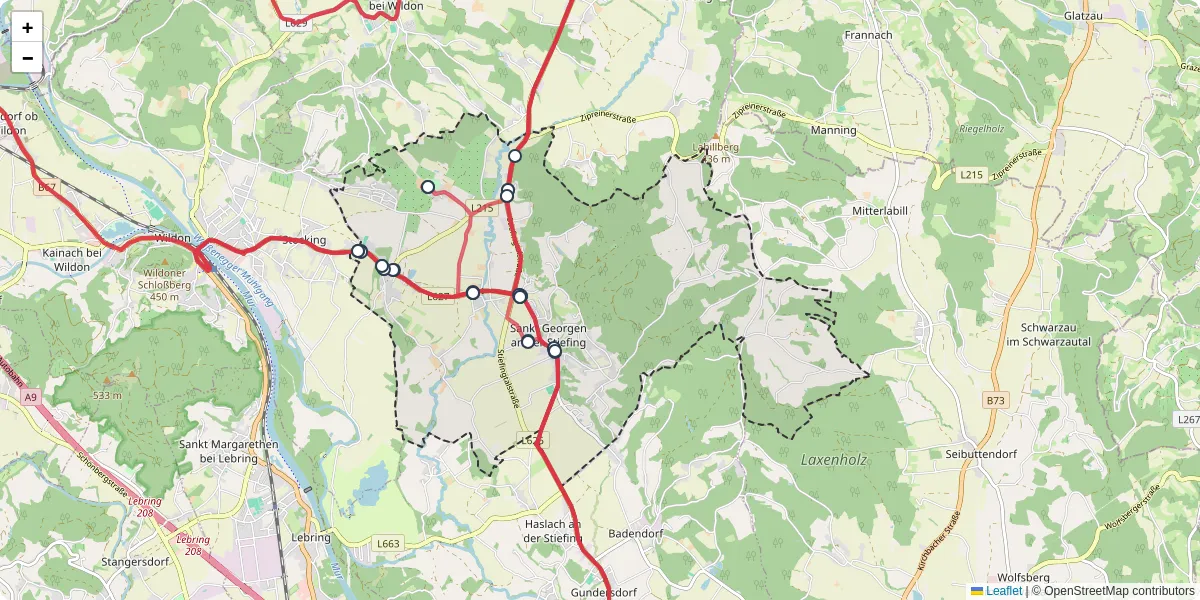 Nahverkehrsnetz in sankt-georgen-an-der-stiefing, Österreich - Buslinien, Haltestellen und Verbindungen auf der Karte