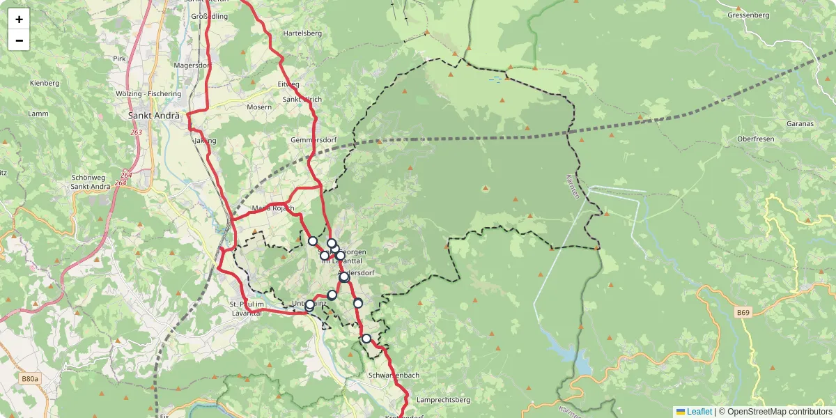 Nahverkehrsnetz in sankt-georgen-im-lavanttal, Österreich - Buslinien, Haltestellen und Verbindungen auf der Karte