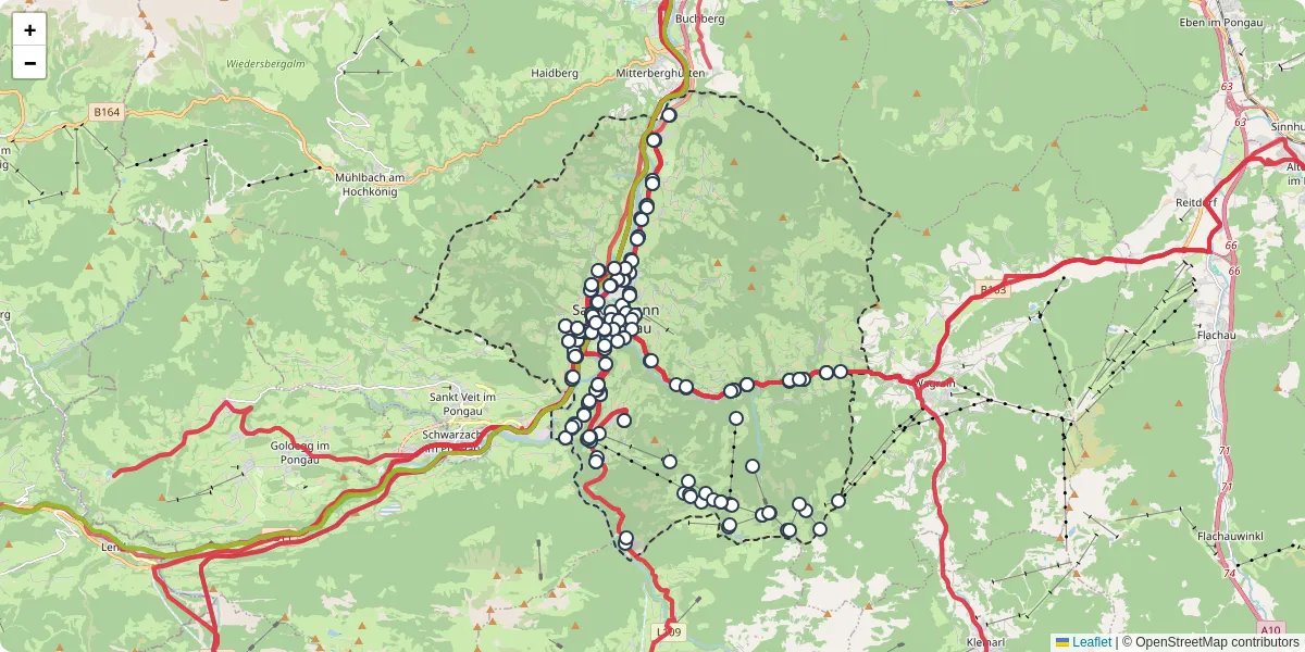 Nahverkehrsnetz in sankt-johann-im-pongau, Österreich - Buslinien, Haltestellen und Verbindungen auf der Karte