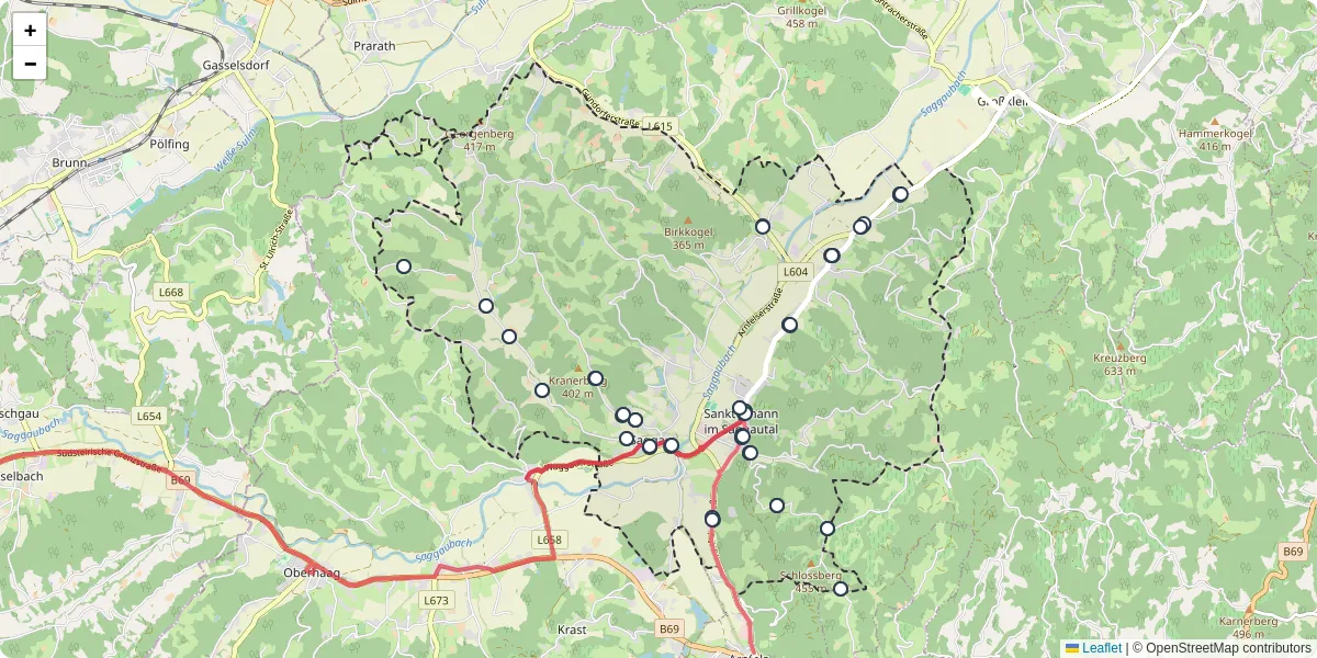 Nahverkehrsnetz in sankt-johann-im-saggautal, Österreich - Buslinien, Haltestellen und Verbindungen auf der Karte