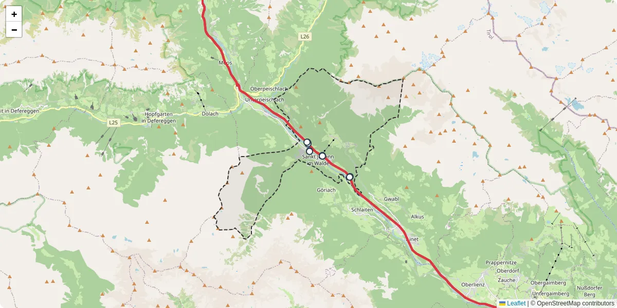 Nahverkehrsnetz in sankt-johann-im-walde, Österreich - Buslinien, Haltestellen und Verbindungen auf der Karte