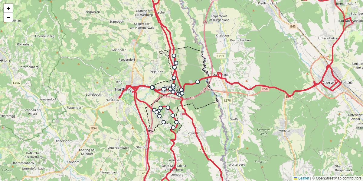 Nahverkehrsnetz in sankt-johann-in-der-haide, Österreich - Buslinien, Haltestellen und Verbindungen auf der Karte