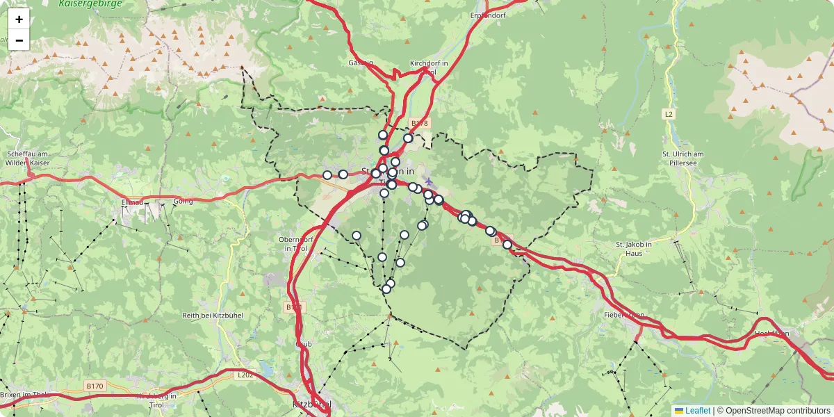Nahverkehrsnetz in sankt-johann-in-tirol, Österreich - Buslinien, Haltestellen und Verbindungen auf der Karte
