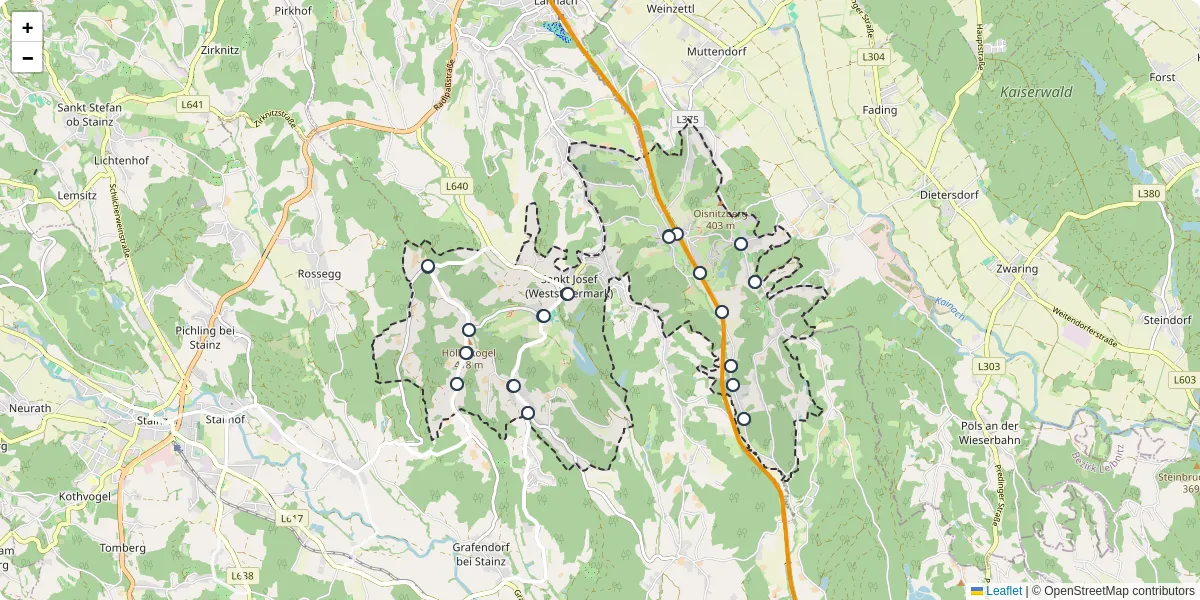 Nahverkehrsnetz in sankt-josef, Österreich - Buslinien, Haltestellen und Verbindungen auf der Karte