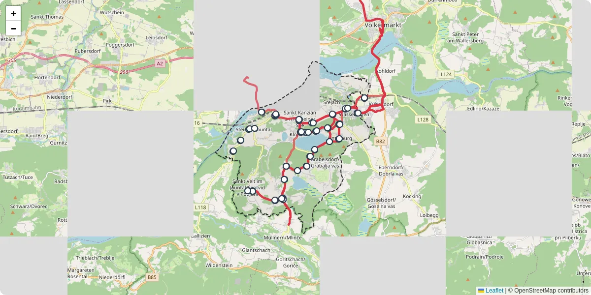 Nahverkehrsnetz in sankt-kanzian-am-klopeiner-see, Österreich - Buslinien, Haltestellen und Verbindungen auf der Karte