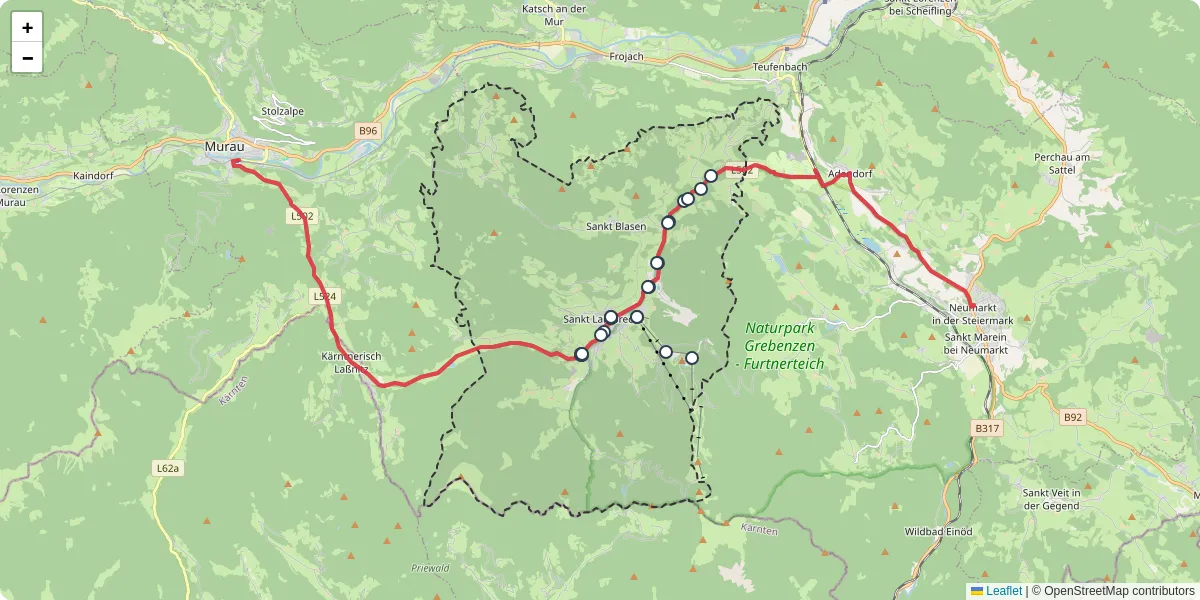 Nahverkehrsnetz in sankt-lambrecht, Österreich - Buslinien, Haltestellen und Verbindungen auf der Karte