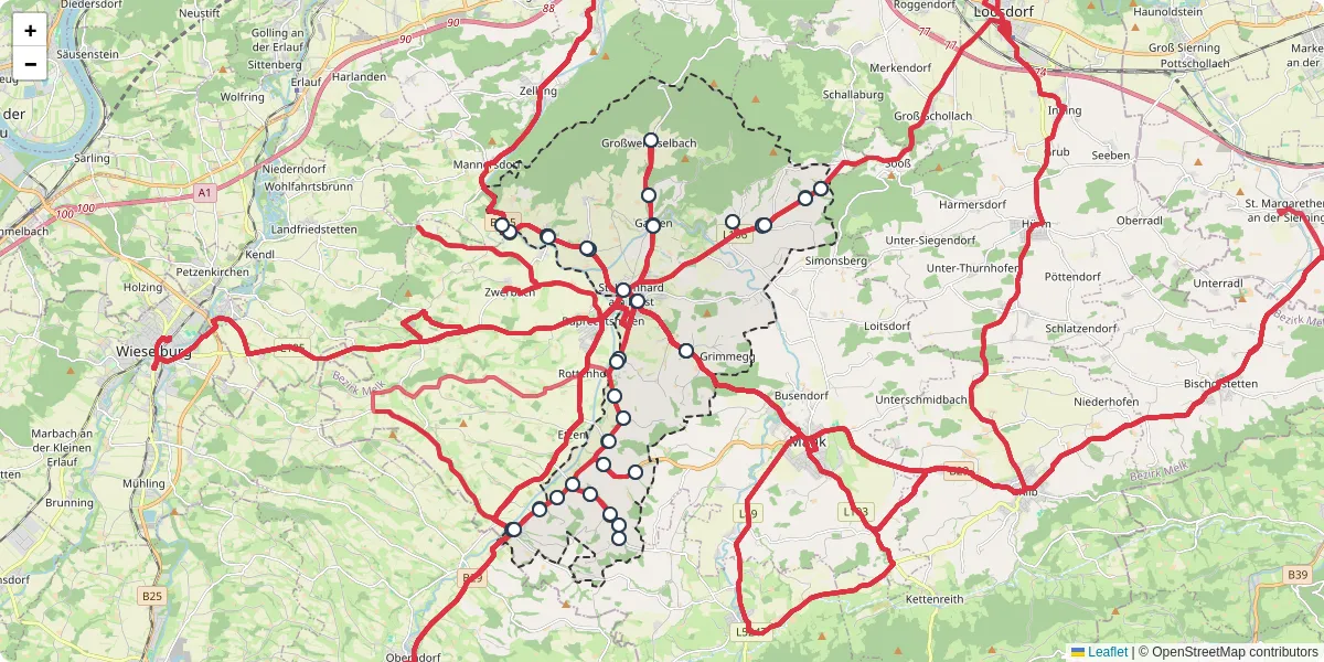 Nahverkehrsnetz in sankt-leonhard-am-forst, Österreich - Buslinien, Haltestellen und Verbindungen auf der Karte