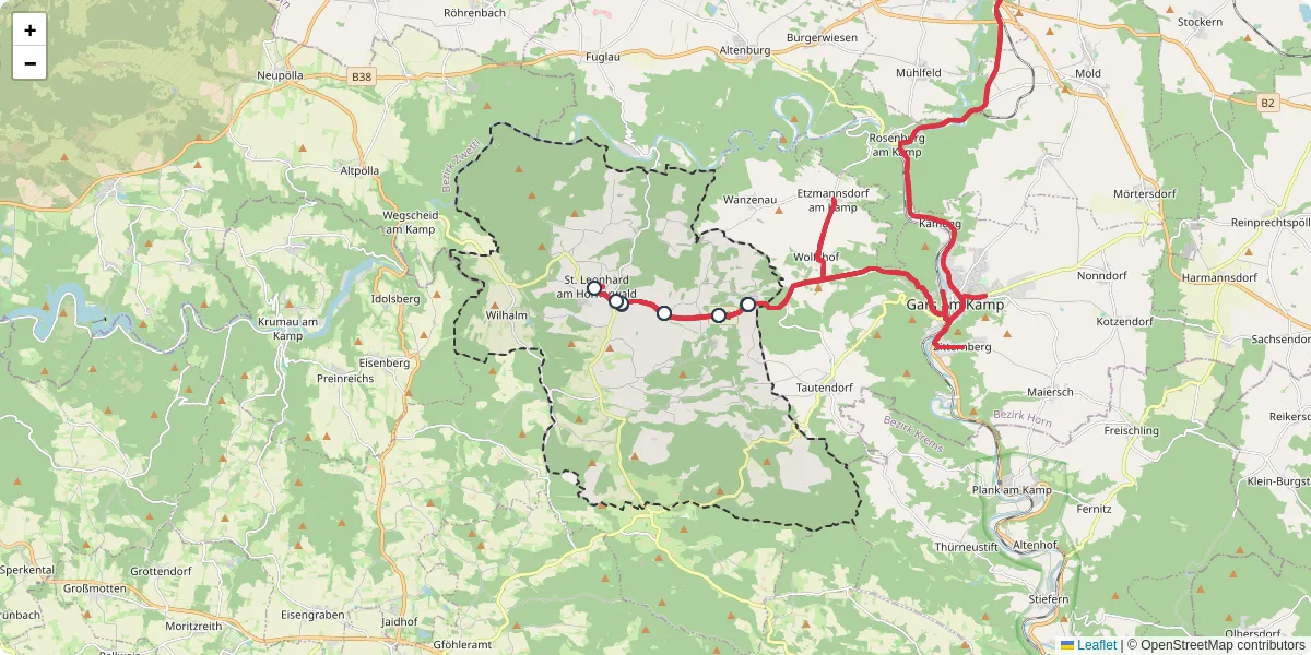 Nahverkehrsnetz in sankt-leonhard-am-hornerwald, Österreich - Buslinien, Haltestellen und Verbindungen auf der Karte