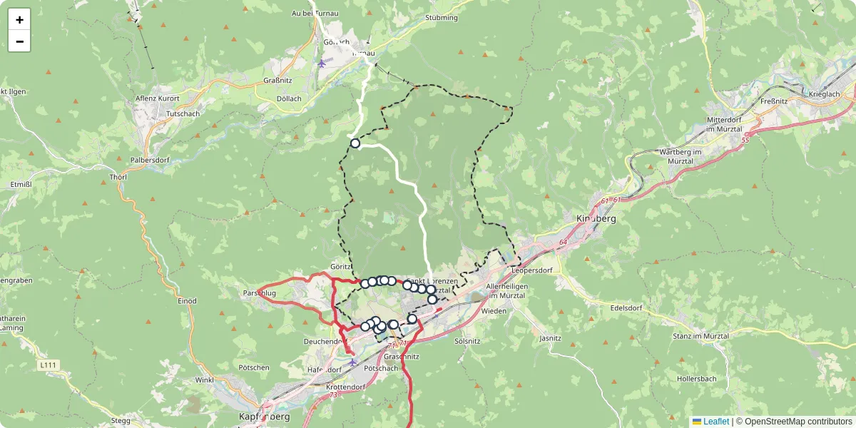Nahverkehrsnetz in sankt-lorenzen-im-murztal, Österreich - Buslinien, Haltestellen und Verbindungen auf der Karte