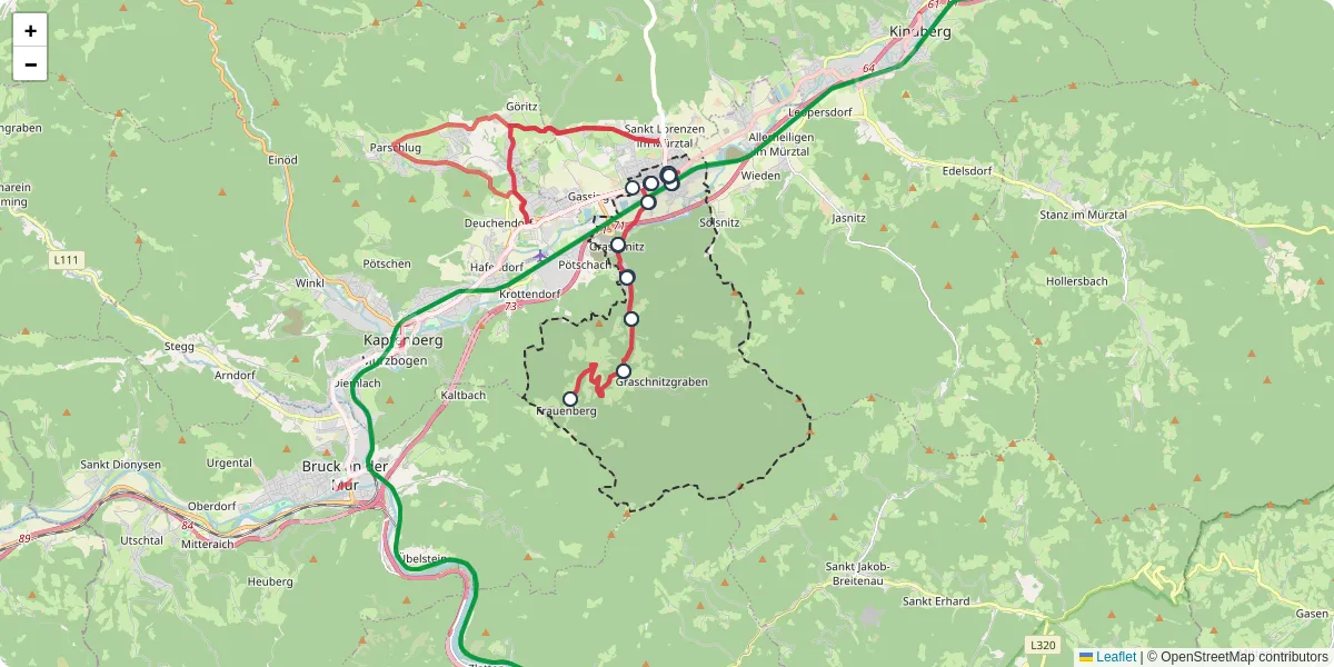 Nahverkehrsnetz in sankt-marein-im-murztal, Österreich - Buslinien, Haltestellen und Verbindungen auf der Karte