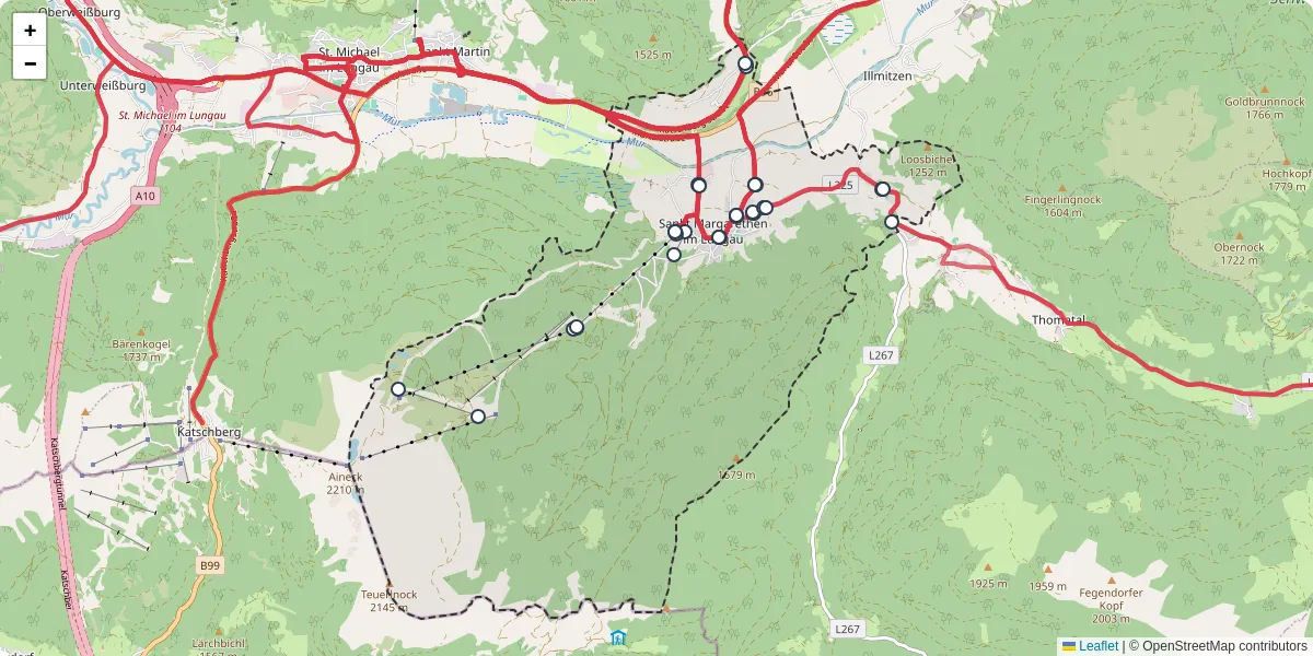 Nahverkehrsnetz in sankt-margarethen-im-lungau, Österreich - Buslinien, Haltestellen und Verbindungen auf der Karte