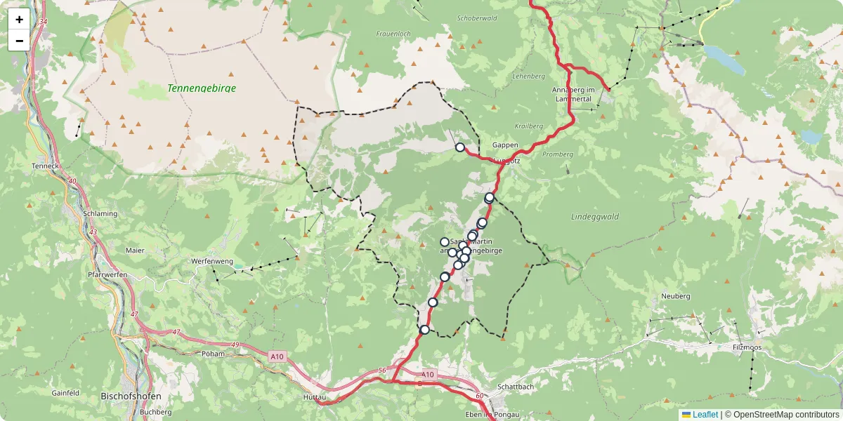 Nahverkehrsnetz in sankt-martin-am-tennengebirge, Österreich - Buslinien, Haltestellen und Verbindungen auf der Karte