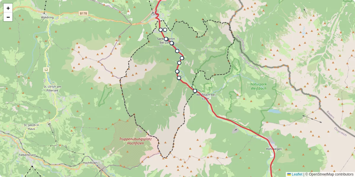 Nahverkehrsnetz in sankt-martin-bei-lofer, Österreich - Buslinien, Haltestellen und Verbindungen auf der Karte