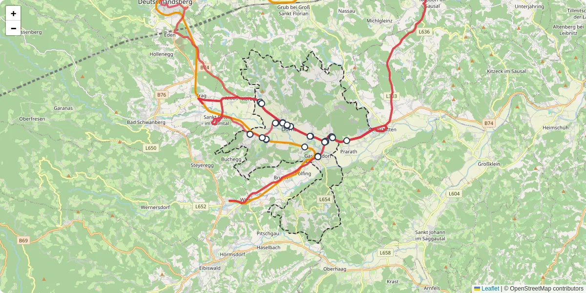 Nahverkehrsnetz in sankt-martin-im-sulmtal, Österreich - Buslinien, Haltestellen und Verbindungen auf der Karte