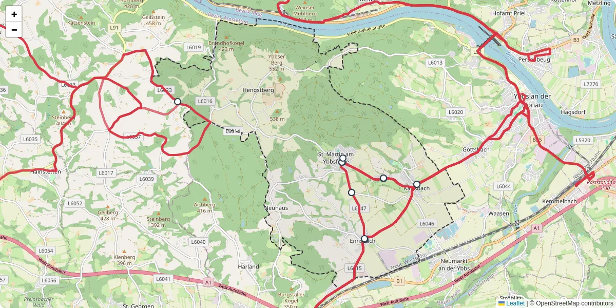 Nahverkehrsnetz in sankt-martin-karlsbach, Österreich - Buslinien, Haltestellen und Verbindungen auf der Karte