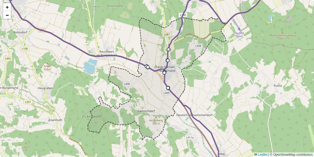 Nahverkehrsnetz in sankt-michael-im-burgenland, Österreich - Buslinien, Haltestellen und Verbindungen auf der Karte